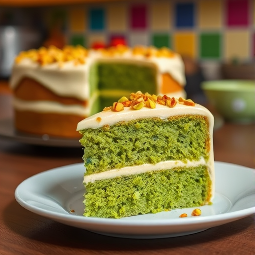 A slice of green cake with a creamy frosting, garnished with crushed pistachios on a white plate, with a blurred background of a whole cake and a colorful kitchen setting.