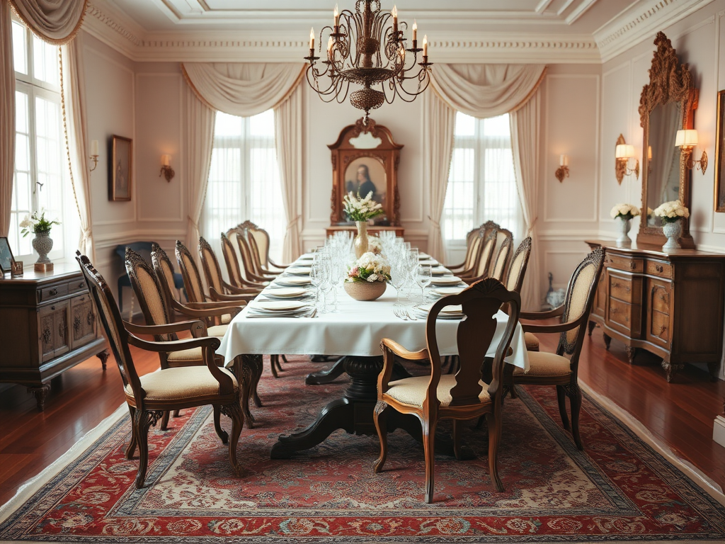 Create an image of an elegant dining room with a long, ornate table set for a meal, featuring various antique chairs, soft natural lighting, a classic rug underneath, shot with a DSLR camera at 50mm f/1.8, ISO 200, aperture priority mode, with a shallow depth of field.