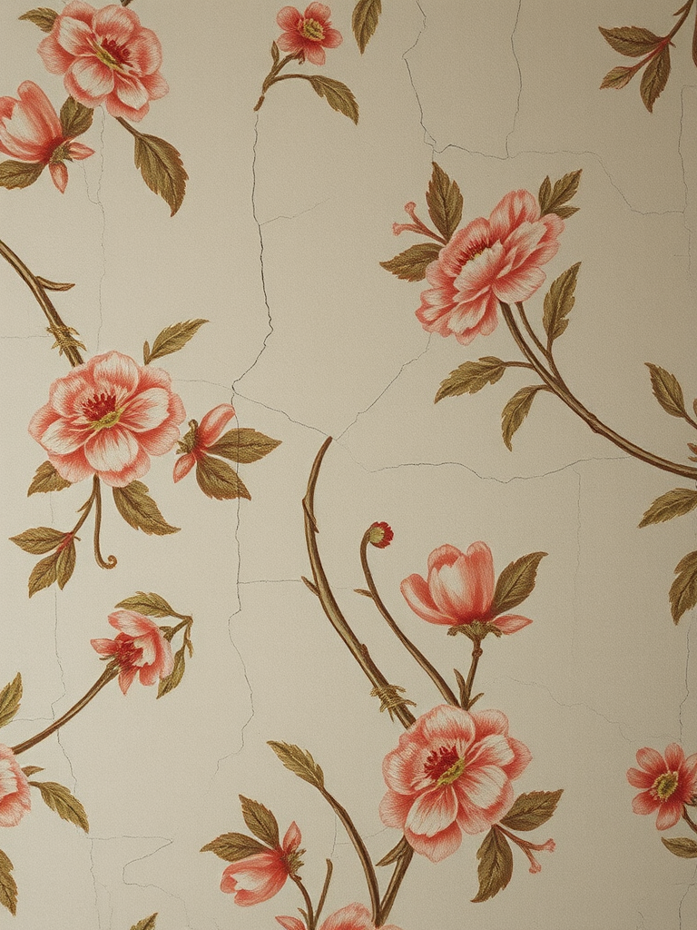 A vintage floral wallpaper pattern with cracked and distressed textures, soft natural lighting, captured with a DSLR camera at f/5.6 aperture, ISO 100, 50mm lens, overhead view, in soft focus to enhance the aged quality.