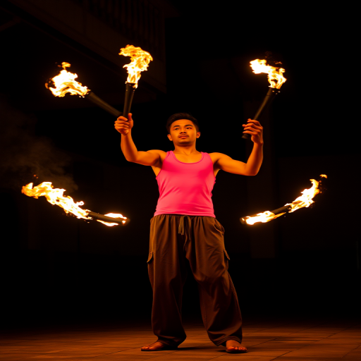 A fire performer in a pink tank top and loose pants, juggling flaming torches in a dimly lit courtyard, capturing a dynamic moment with flames illuminated against a dark background, DSLR camera, 50mm lens, aperture f/2.8, shutter speed 1/200 sec, ISO 800, focusing on the performer in sharp detail with a soft bokeh effect.