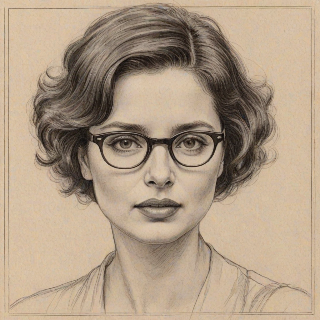 Comely Isabella Rossellini, pencil sketch, portrait of Enticing woman 1929s in glasses, hair style beatnik, outline, clear lines, fine lines, 8k