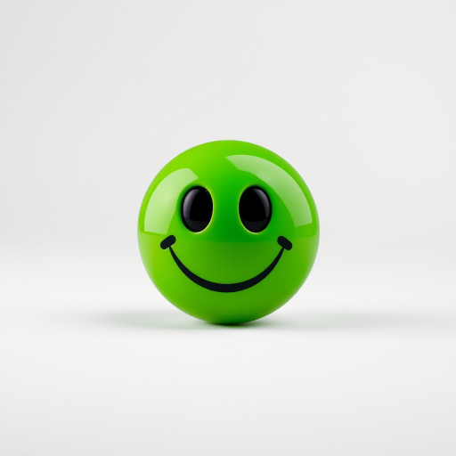Create a glossy green smiley face icon with large eyes and a wide smile, captured using a Canon EOS R5, 50mm lens, f/2.8 aperture, ISO 100, soft studio lighting, and a slight perspective view to enhance depth.