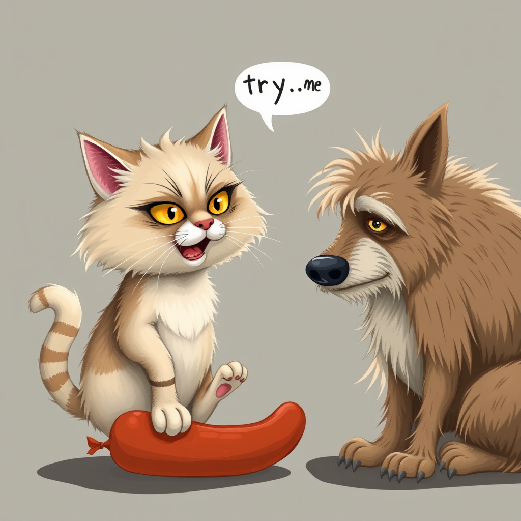 caricature of a silly whimsical fluffy cat with a mean look she has one foot on a sausage and is looking at an old scraggly big dog the cat has a thought bubble above her head that says “try,me"