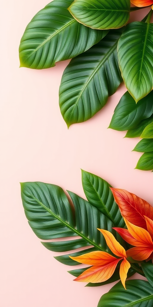 tropical foliage border with soft pastel background, high resolution, f/2.8 aperture, 35mm lens, shot in natural light, using a DSLR camera, top-down view, vibrant colors