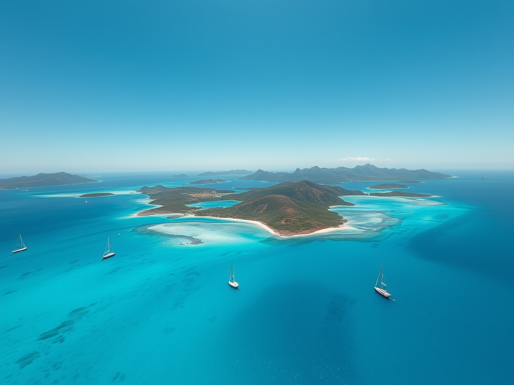regenerate the image of a stunning turquoise sea with sailboats and mountainous islands under a clear blue sky using a drone camera view, with a resolution of 4K, aperture f/8, ISO 100, and shutter speed 1/250s to enhance image quality