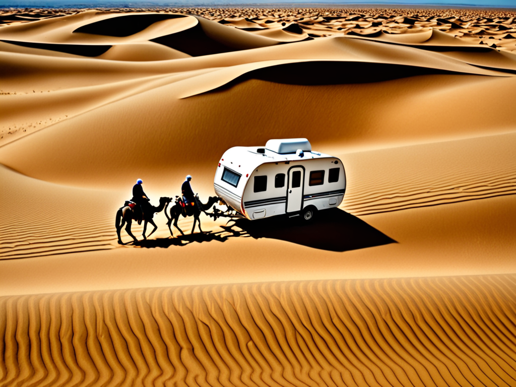 A caravan traveled through the dense sands of the desert.