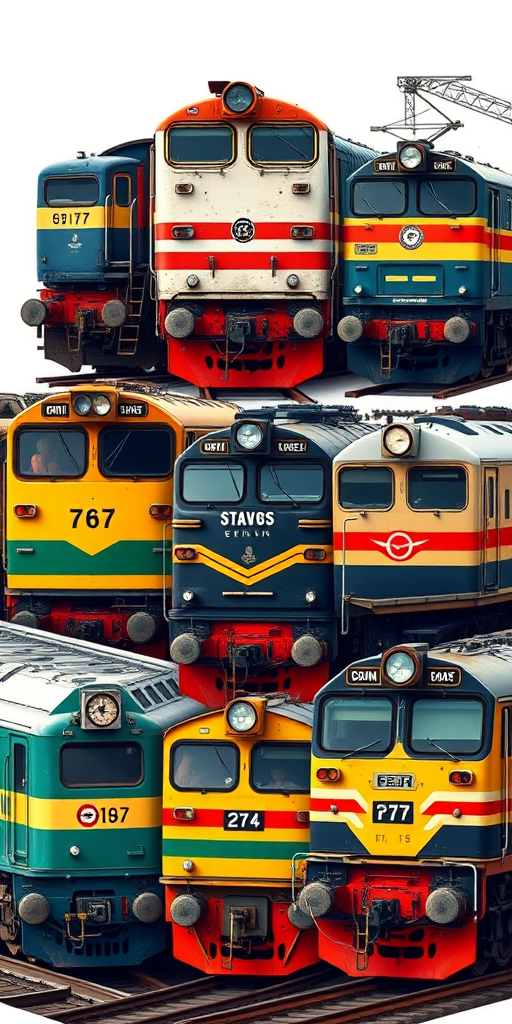 Create a highly detailed illustration of six Indian railway locomotives in a vertical arrangement, showcasing different liveries and designs, captured with a DSLR camera at f/8, ISO 100, 1/125 sec, using a shallow depth of field for crisp detail and vibrant colors, in a bright studio lighting setup.