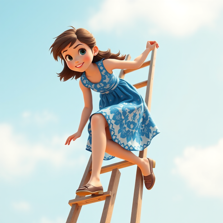 Create an animated image of a young woman in a blue and white dress climbing a wooden ladder, mid-action, with a bright color palette and high contrast, using a DSLR camera with a 50mm lens at f/2.8, ISO 100, and a soft focus background for depth.