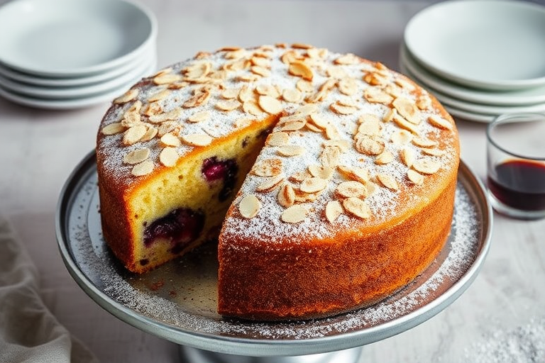 A beautifully baked almond cake topped with sliced almonds and powdered sugar, with a slice removed revealing a moist interior filled with berries, set on a round metal cake stand, accompanied by a small glass of black coffee and a stack of plates in the background.
