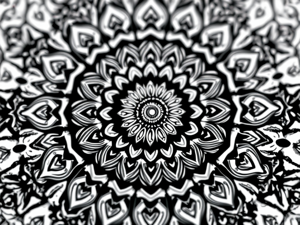 Create a highly detailed black and white mandala illustration with intricate patterns and symmetrical designs, photographed with a DSLR camera, aperture f/8, shutter speed 1/60 sec, ISO 100, and a macro lens for enhanced clarity and depth of field.