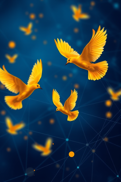 Create an image of a dynamic abstract design featuring golden birds in flight against a deep blue background with network-like lines, captured with a DSLR camera, using a 50mm lens at f/1.8 for a shallow depth of field, ISO 200, and a shutter speed of 1/200s, in a high-resolution image style.