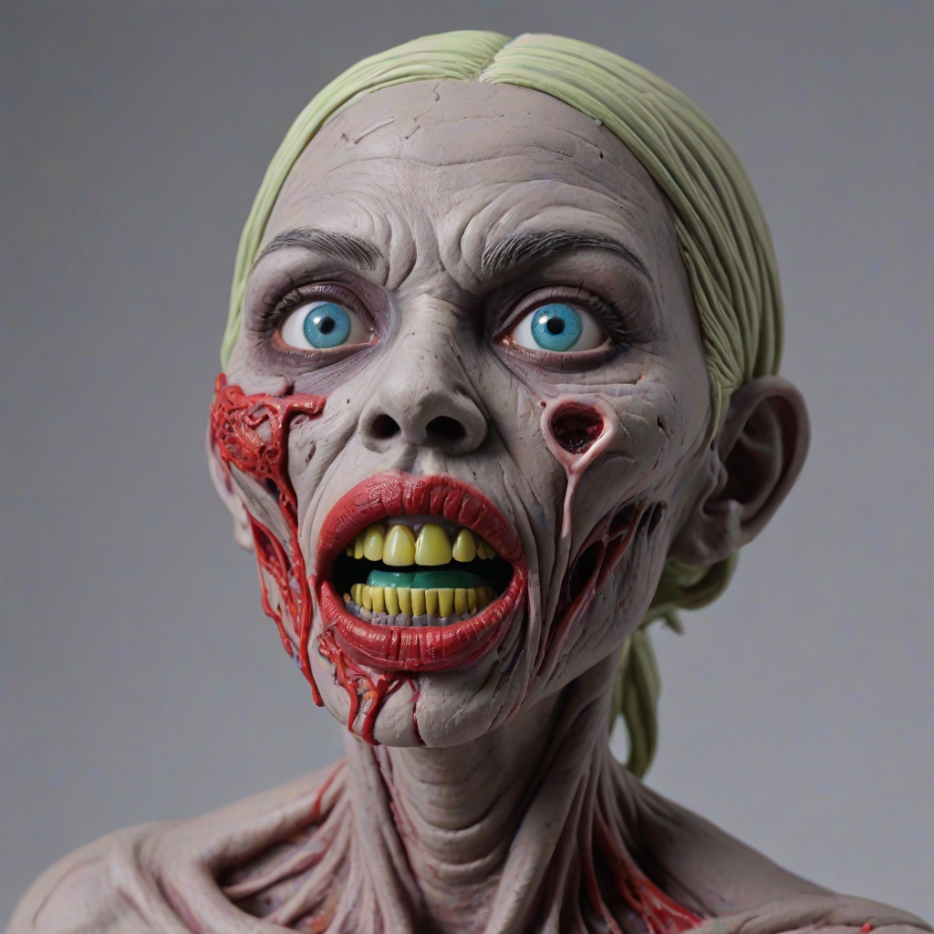 (perspective) of A creepy (ethnicity) zombie cyborg with (descriptive color) skin, (color) lipstick (color) liquid flowing from her eyes and mouth, (perspective two) portrait, (camera angle), extremely detailed, (art style) in the style of Yoshitaka Amano and Tetsuo Hara. --ar 85:128 --style raw --niji 6