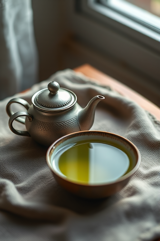 Still life of a small teapot and a bowl of green tea on a textured cloth, soft natural lighting, shallow depth of field, captured with a Canon EOS R5, 50mm f/1.2 lens, aperture f/2.0, ISO 100, 1/125 sec.