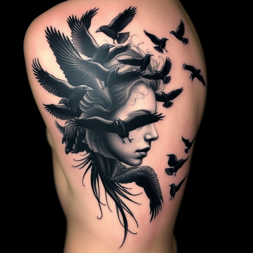 Surrealist blackwork tattoo named "Metamorphosis" featuring a haunting portrait seamlessly morphing into a flock of ravens taking flight, rendered in stark black ink with heavy contrast and precise linework, incorporating elements of optical illusions and double imagery to create a mesmerizing and thought-provoking design, utilizing negative space and strategic placement of solid black areas to enhance the overall impact, ideal for those drawn to dark and enigmatic tattoo styles that challenge perception and spark introspection