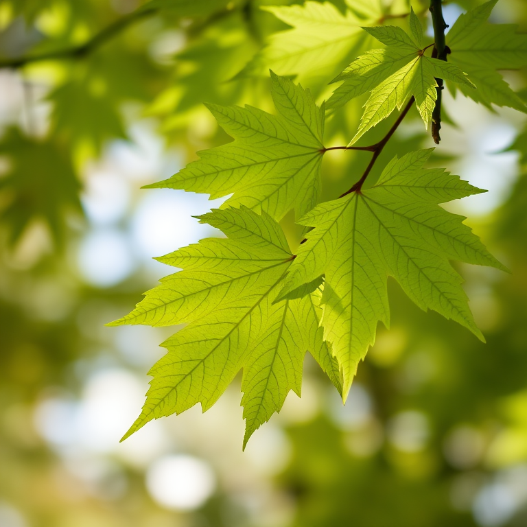 Capture a close-up shot of vibrant green maple leaves with soft focus background, using a Canon EOS R5 camera, f/2.8 aperture, 1/250 sec shutter speed, ISO 200, natural lighting, and a shallow depth of field for enhanced detail.