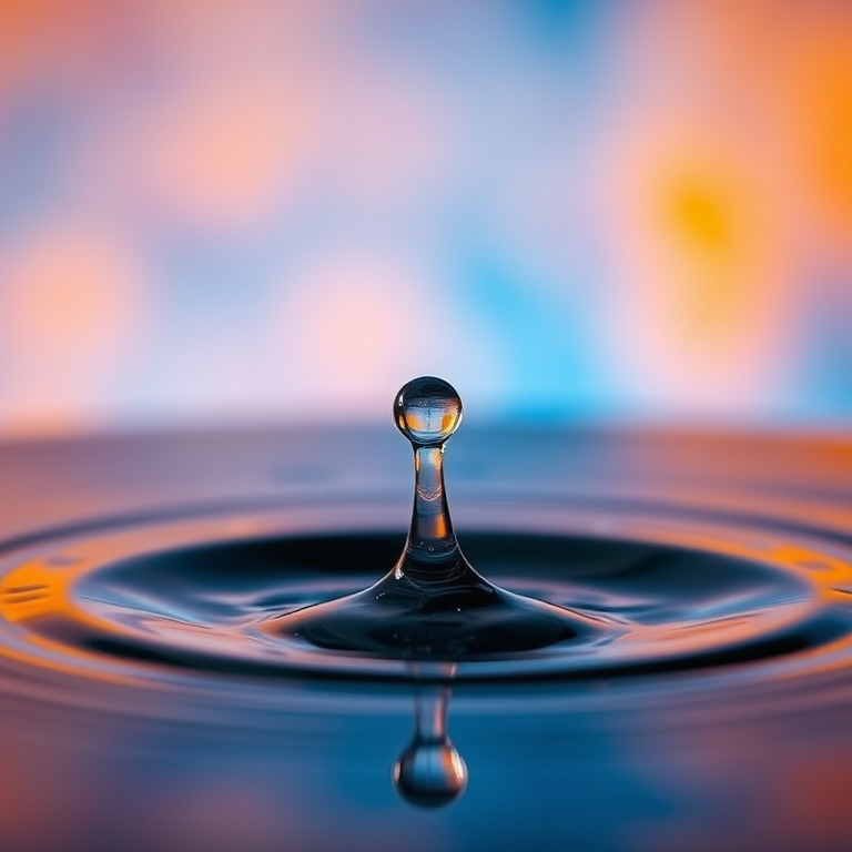Generate an image of a water droplet falling with a vibrant blue and orange background, focusing on the ripple effect created by the impact, using a DSLR camera with a 50mm lens, aperture set to f/1.8, ISO 100, shutter speed 1/1000 sec, shot in macro style for enhanced detail and clarity.