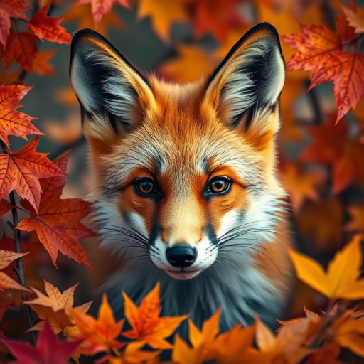 Generate a hyper-realistic portrait of a fox surrounded by vibrant autumn leaves, captured with a Canon EOS R5, 85mm lens, f/1.4 aperture, ISO 100, in soft natural lighting from a frontal view to enhance details and color vibrancy.