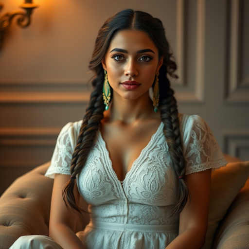 Create a portrait of a refined and elegant Coptic woman seated in a sophisticated setting. She has long, wavy hair styled in two thick braids that are pulled over her shoulders. She wears a white, lace gown with intricate patterns, featuring a deep V-neckline and short sleeves. The dress exudes a vintage charm with its delicate lacework. She is adorned with ornate, dangling earrings that add a touch of glamour to her appearance. The background is softly lit, with warm, ambient lighting that creates a cozy and inviting atmosphere. Her expression is poised and serene, capturing a sense of grace and elegance.