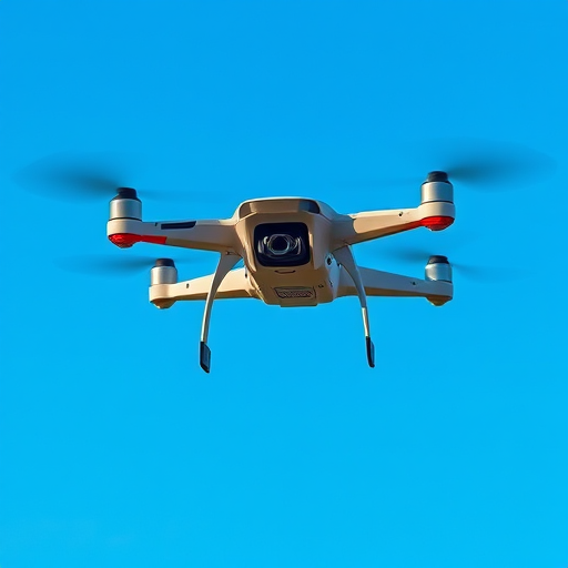 Generate an image of a sleek, modern drone in flight against a clear blue sky, captured using a DSLR camera with a 50mm lens at f/2.8, ISO 100, shutter speed of 1/1000s, in a high-angle view to emphasize its dynamic movement.