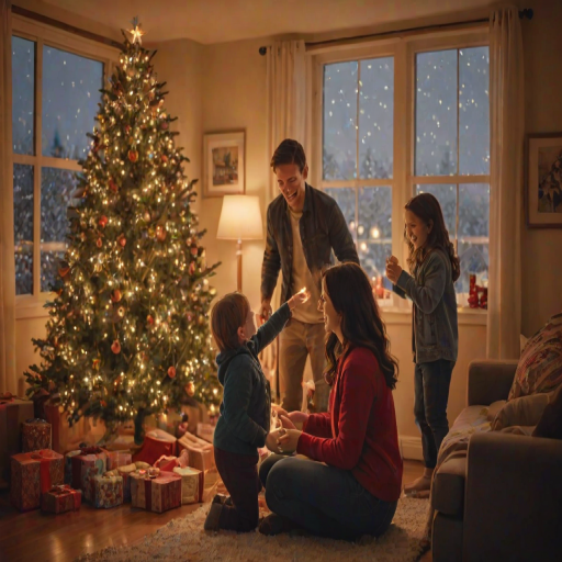 Warmly lit image of a family decorating a Christmas tree, soft glow from the string lights casting a warm hue on the room, laughter and conversation filling the air, presents scattered around the tree, a soft snowfall visible outside the window.