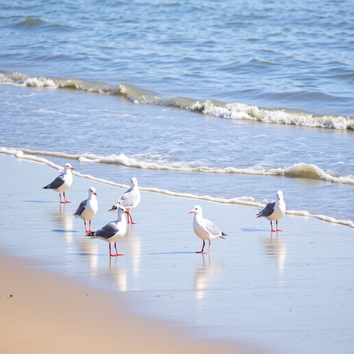 seagulls on the beach at low tide with gentle waves lapping at the shore, shallow depth of field, aperture f/4, shutter speed 1/500s, ISO 200, taken with a DSLR camera in natural light, landscape orientation