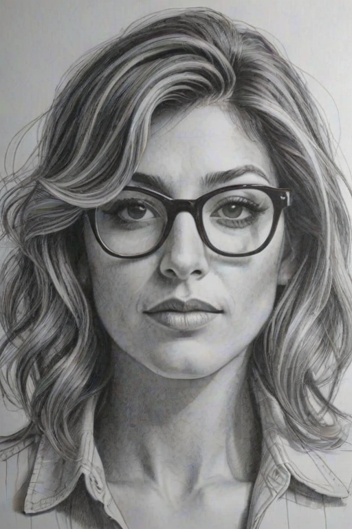 Delightful Jennifer Esposito, pencil sketch, portrait of Splendid woman 1965s in glasses, hair style beatnik, outline, clear lines, fine lines, 8k