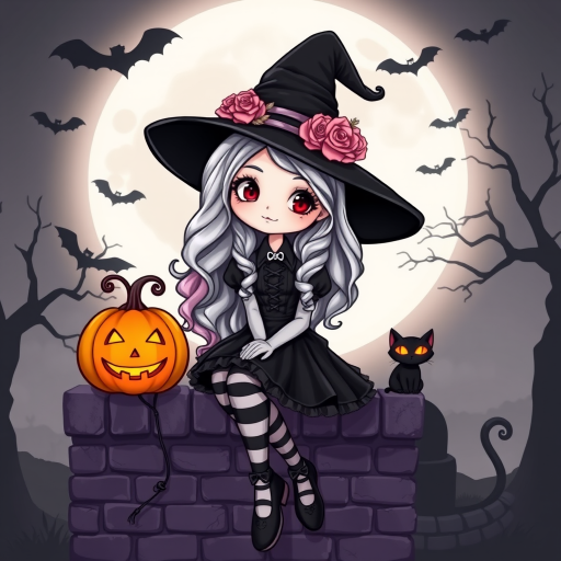 A cute, gothic-style cartoon of a young witch resembling Wednesday Addams sitting on a brick wall under a full moon. She has long wavy hair with silver, pink, and purple ombre highlights, and wears a classic black witch hat decorated with a pumpkin and roses. She is dressed in a black frilly dress with striped stockings and black shoes. A glowing Jack-o'-lantern sits beside her, and a black cat with glowing orange eyes is next to her. The background features a large moon, silhouetted bats, and a spooky tree, with a soft monochrome and slightly glowing effect, creating a magical Halloween atmosphere.