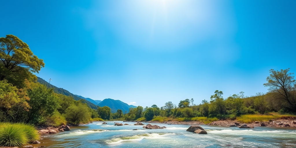 Generate a high-resolution image of a serene natural landscape with a clear blue sky and flowing river, captured using a DSLR camera with a 24mm f/2.8 lens, aperture set to f/8, ISO 100, 1/250s shutter speed, wide-angle view and in vibrant colors.