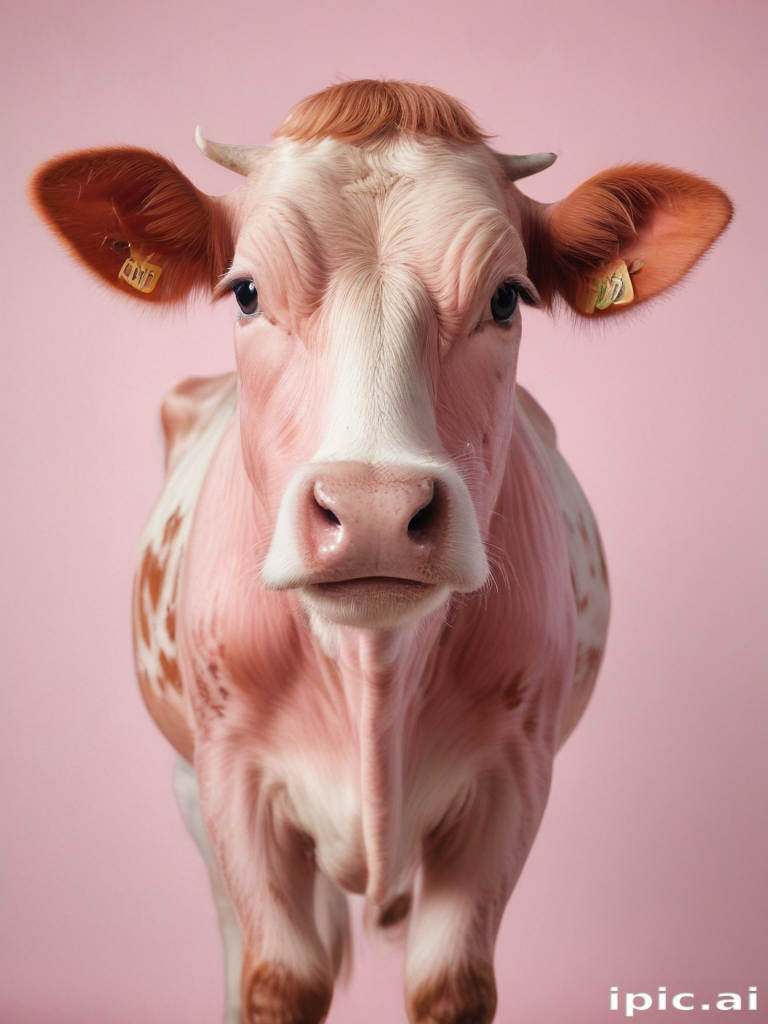 A Charming Cow with a Playful Expression Against a Soft Pink Background