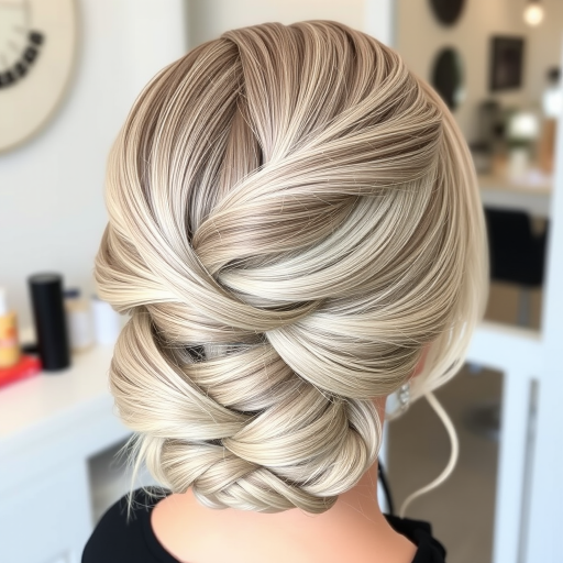 Elegant ash blonde French twist with silver lowlights, created by Greta Silverstone, exhibiting a smooth, polished finish and intricate braided details wrapped around the base