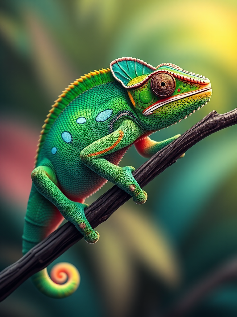 Create a high-resolution illustration of a green chameleon perched on a branch with vibrant colors and detailed textures, using a DSLR camera with a 50mm lens, aperture set at f/2.8, ISO 100, and natural lighting for enhanced vibrancy.