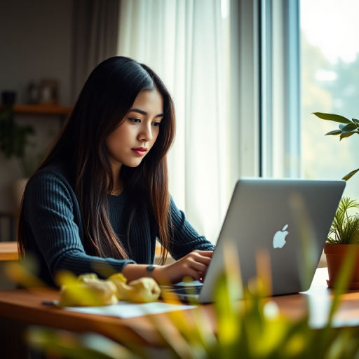 A serene indoor scene featuring a young woman with long dark hair sitting at a desk, focused on her work with a laptop, soft ambient light, plants in the foreground, shot with a Canon EOS R5, 50mm lens, aperture f/1.8, shutter speed 1/125s, ISO 400, in a warm color palette and cinematic style.