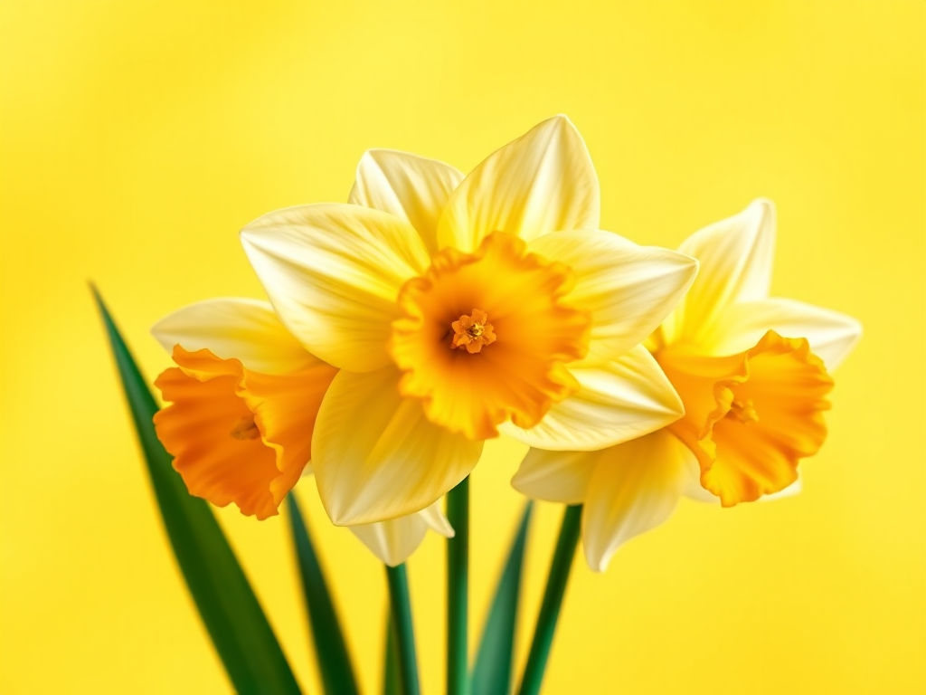 Create a vibrant illustration of three daffodils in a minimalist style with a soft yellow background, focusing on vivid colors and intricate details, captured with a DSLR camera, 50mm lens, f/2.8 aperture, ISO 100, natural light, and slightly blurred background for depth.