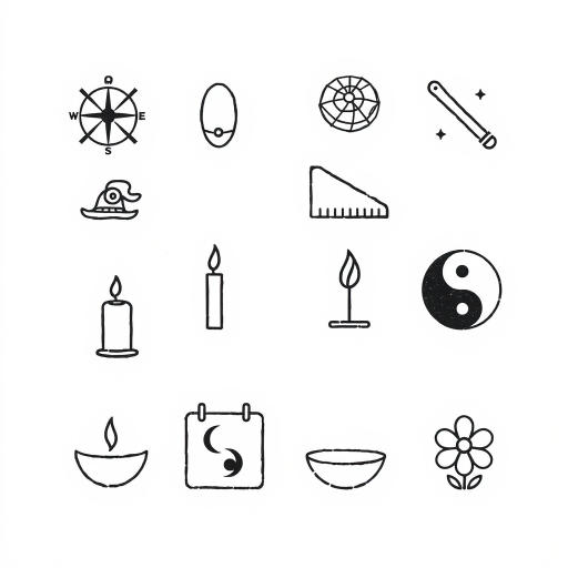 Create a detailed illustration of a 3x3 grid filled with minimalist black and white icons representing various themes such as a compass, a hat, a spider web, a plant ruler, a candle, a calendar, a yin-yang symbol, a bowl, and a flower; use a high-resolution digital camera at f/8 aperture, ISO 100, and a focal length of 50mm to enhance clarity and contrast, set against a clean white background for optimal visibility.