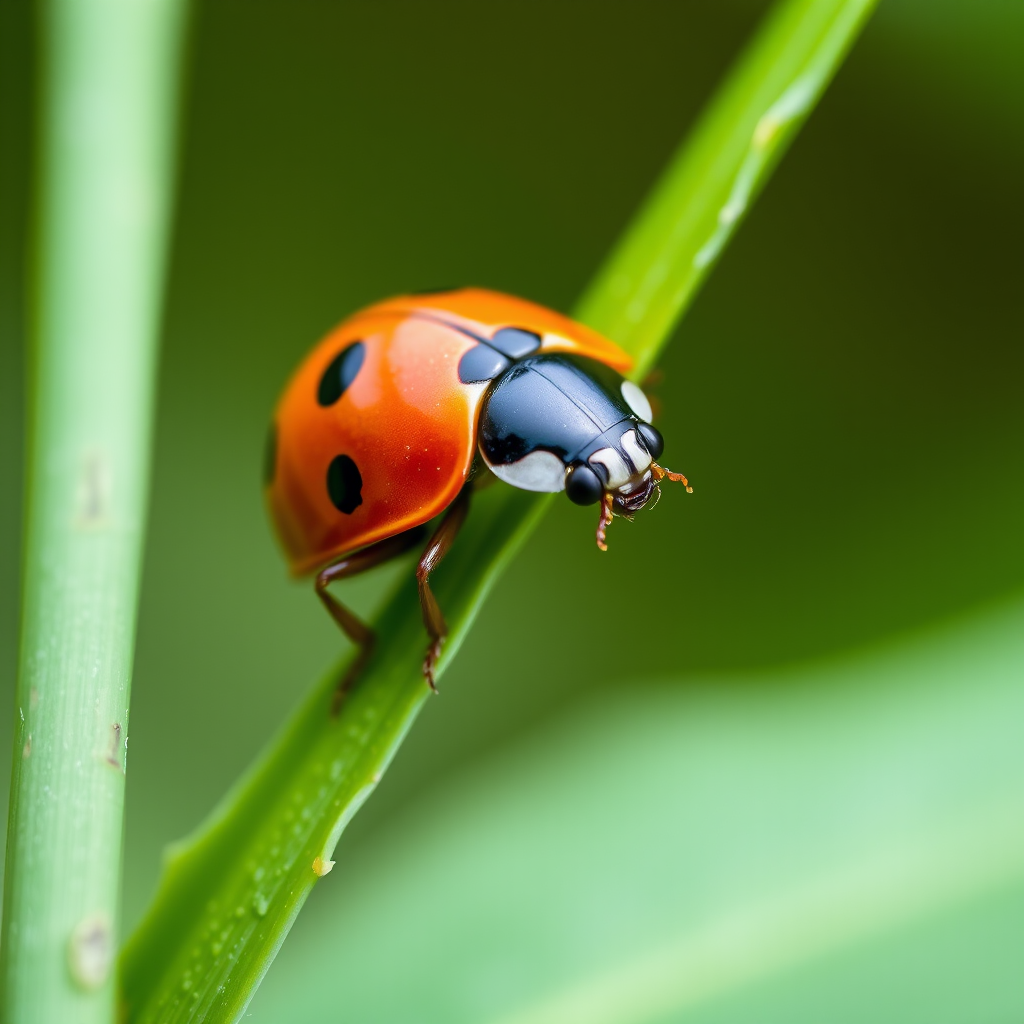 Macro shot of a ladybug perched on a green leaf, natural light, shallow depth of field, f/2.8 aperture, 1/200 sec shutter speed, ISO 100, Canon EF 100mm f/2.8L Macro IS USM lens, captured with a Canon EOS 5D Mark IV.