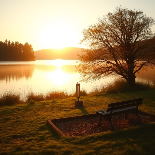Capture a serene landscape of a lake at sunrise with sunlit trees and a bench by the water, use a Canon EOS R5, 35mm lens, f/2.8 aperture, ISO 100, 1/200s shutter speed, in soft natural light with a slight vignette effect for added depth.