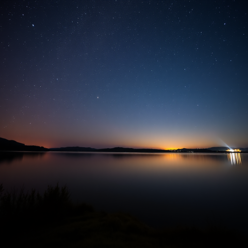 capture a serene nighttime landscape over a calm lake reflecting a starry sky with a hint of twilight in the background, use a wide-angle lens, f/2.8 aperture, ISO 1600, shutter speed 25 seconds, taken with a DSLR camera from a low angle to highlight foreground details