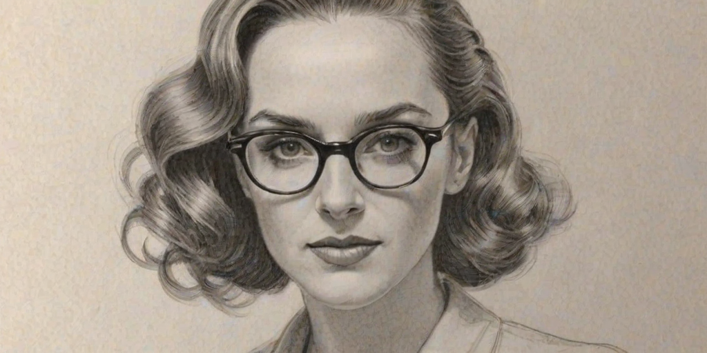 Superb Kerry Condon, pencil sketch, portrait of Elegant woman 1949s in glasses, hair style beatnik, outline, clear lines, fine lines, 8k
