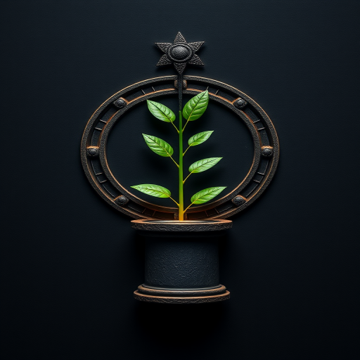 Generate a digital illustration of a stylized sacred symbol with a plant emerging from a pedestal, using a DSLR camera with a 50mm lens, aperture set to f/2.8, ISO 100, in a flat lay view with high contrast lighting to enhance the details and textures.