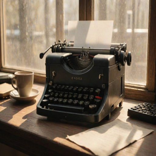 Close-up of a vintage typewriter on a wooden desk, soft natural light from a nearby window casting shadows on the keys, with an unfinished letter in the carriage and a steaming cup of coffee nearby.