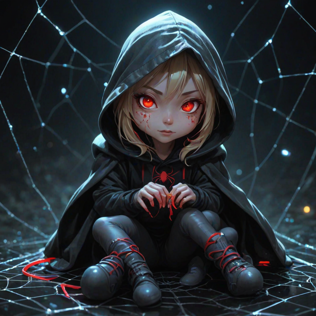 score_9, score_8_up, score_7_up,a woman with red eyes in a hood,a young woman,vinyl boots,dark background; liquid, particles, night, dark, glowing bioluminescence,zhibi, chibi, animal spider, small spider, chibi spider, cute happy spider, sitting in a spiderweb,transitioning into a vibrant,but it seems long abandoned. The overall atmosphere is heavy with suspense,Cinematography,hardware,blonde long hair,Dismissal at will, <lora:add-detail-xl:0.85>