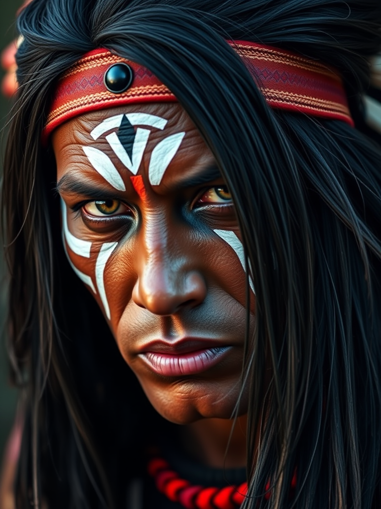 Create a hyper-realistic portrait of a Native American warrior with long black hair and striking tribal face paint, shot with a Canon EOS R5, 50mm lens, f/1.8 aperture, ISO 100, natural lighting, portrait orientation, high detail.