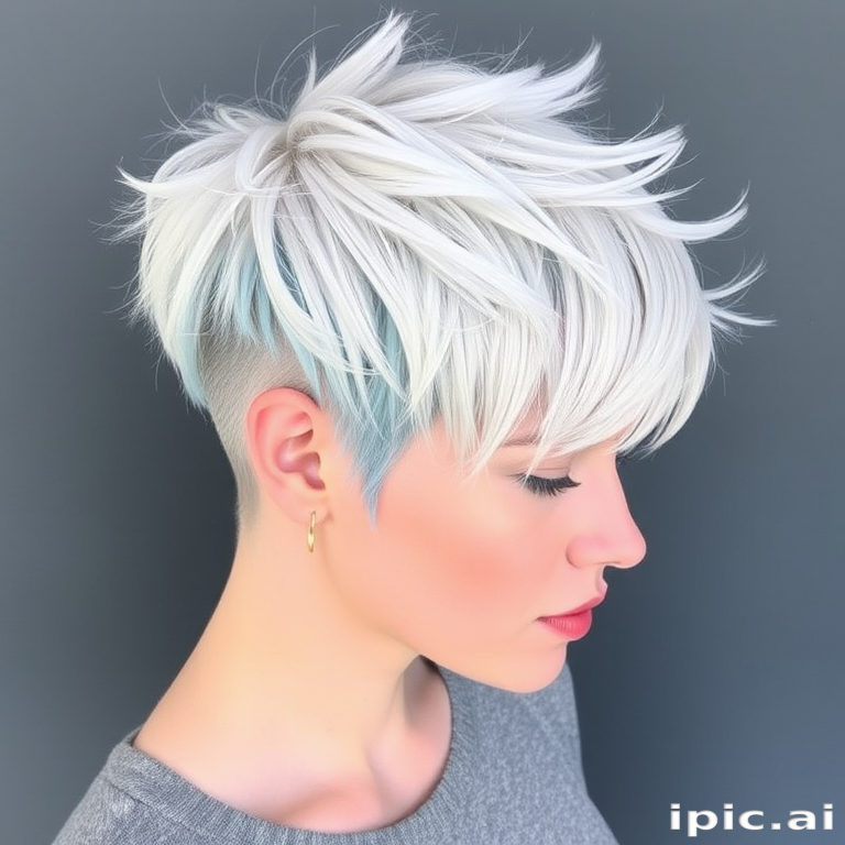 Striking arctic white pixie cut with icy blue highlights, styled in sharp, textured layers resembling freshly fallen snow, dubbed "Frost Whisper"