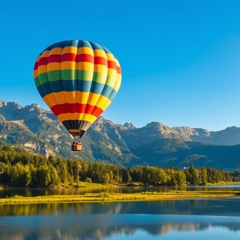 Create a vibrant landscape image of a hot air balloon with colorful stripes flying over a tranquil lake, surrounded by majestic mountains and lush greenery, captured with a Canon EOS 5D Mark IV at f/8, ISO 100, 1/250 sec, in natural sunlight for enhanced clarity and detail.