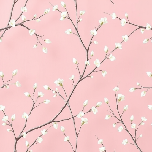 create a seamless floral pattern with delicate white branches and leaves on a soft pink background, shot with a Canon EOS 5D Mark IV, 50mm lens, f/2.8 aperture, 1/125s shutter speed, in natural light to enhance color vibrancy and detail