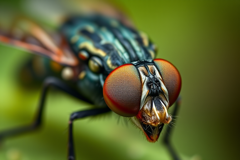 Generate a highly detailed, hyper-realistic image of a fly with prominent textures and colors in a close-up view, using a macro lens at f/16, ISO 100, and a shutter speed of 1/200 sec, captured with a DSLR camera in soft natural lighting to enhance sharpness and depth.
