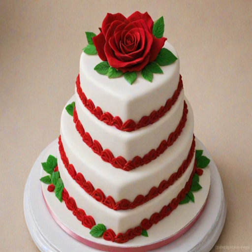 Create an image of a three-tier heart-shaped cake decorated with white icing. The cake should have intricate piping details and be adorned with red rose decorations and green leaves on top. The background should be simple and neutral to highlight the cake.