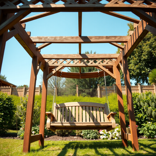 regenerate a wooden garden swing gazebo in a sunny outdoor setting, focus on the intricate lattice design and the wooden swing, DSLR camera, aperture f/4, shutter speed 1/200s, ISO 100, 35mm lens, shot from a low angle to emphasize the structure and create depth