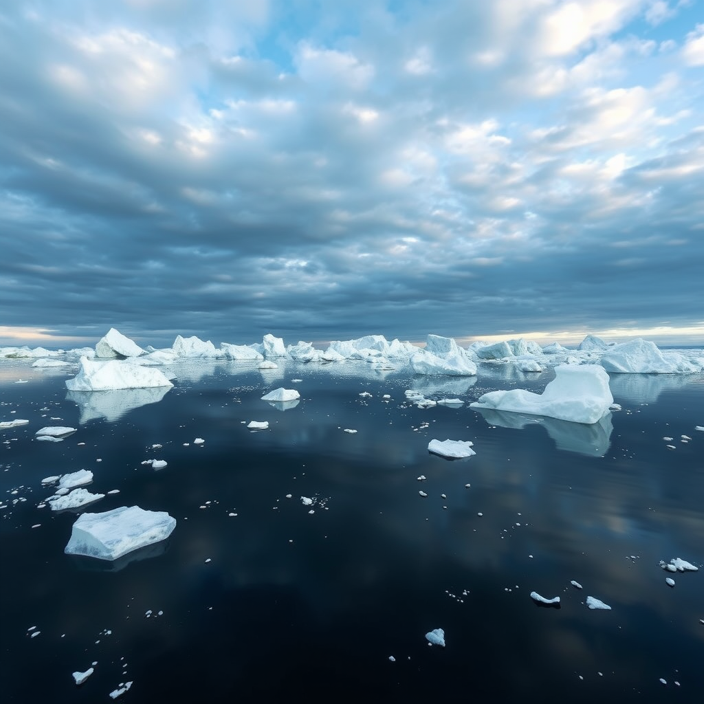 Generate a serene polar landscape with floating icebergs and a reflective ocean surface under a dramatic sky, shot with a DSLR camera at ISO 100, aperture f/8, shutter speed 1/100s, 24mm wide-angle lens, in landscape orientation for maximum depth and clarity.