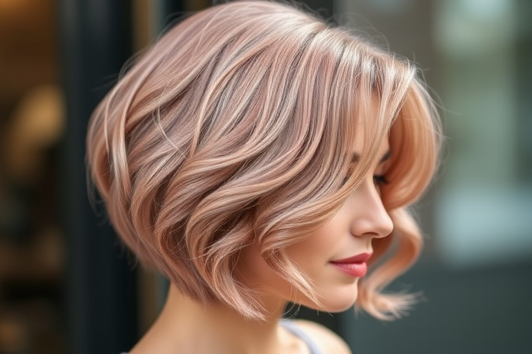 Dusty rose bob with subtle gold leaf accents, styled in vintage finger waves, called "Gilded Blush" look, featuring a glossy finish and sculpted shape